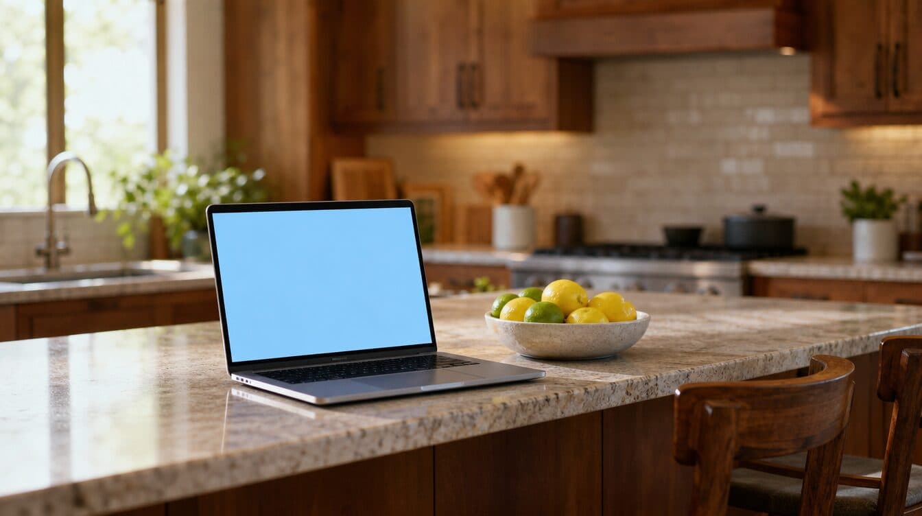 A laptop on a kitchen breakfast bar beside a bowl of fruit with the kitchen behind