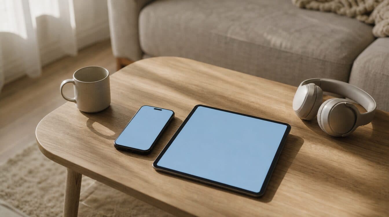 A smartphone and a tablet lying on a coffee table in a living room, both with plain screens
