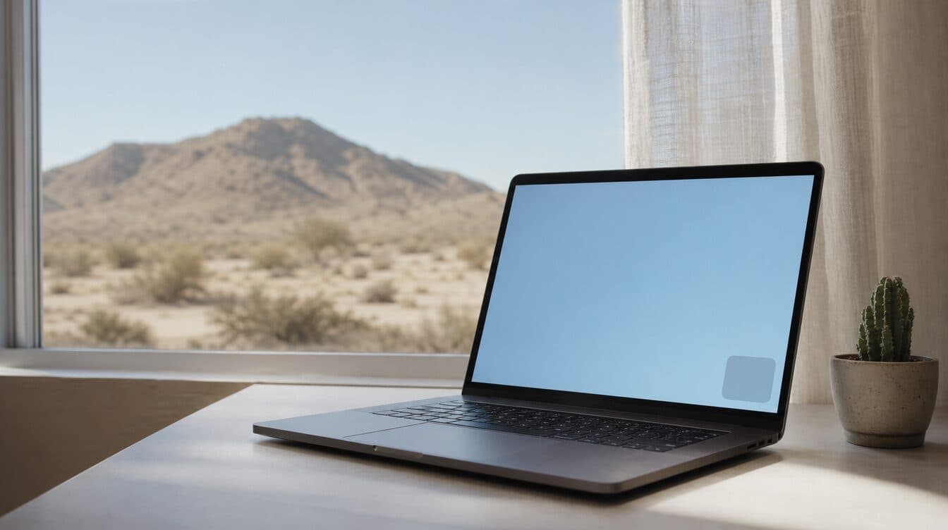 A laptop on a desk by a window with open desert beyond, a small blank gray card floating in the corner of its screen