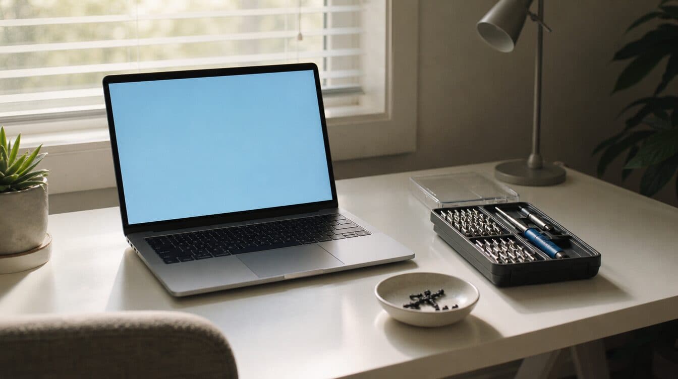 A laptop open on a home desk beside an opened precision screwdriver set