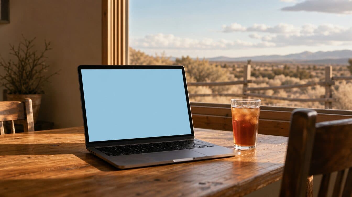 A laptop on a rustic wooden dining table with desert scrub and a fence through the window