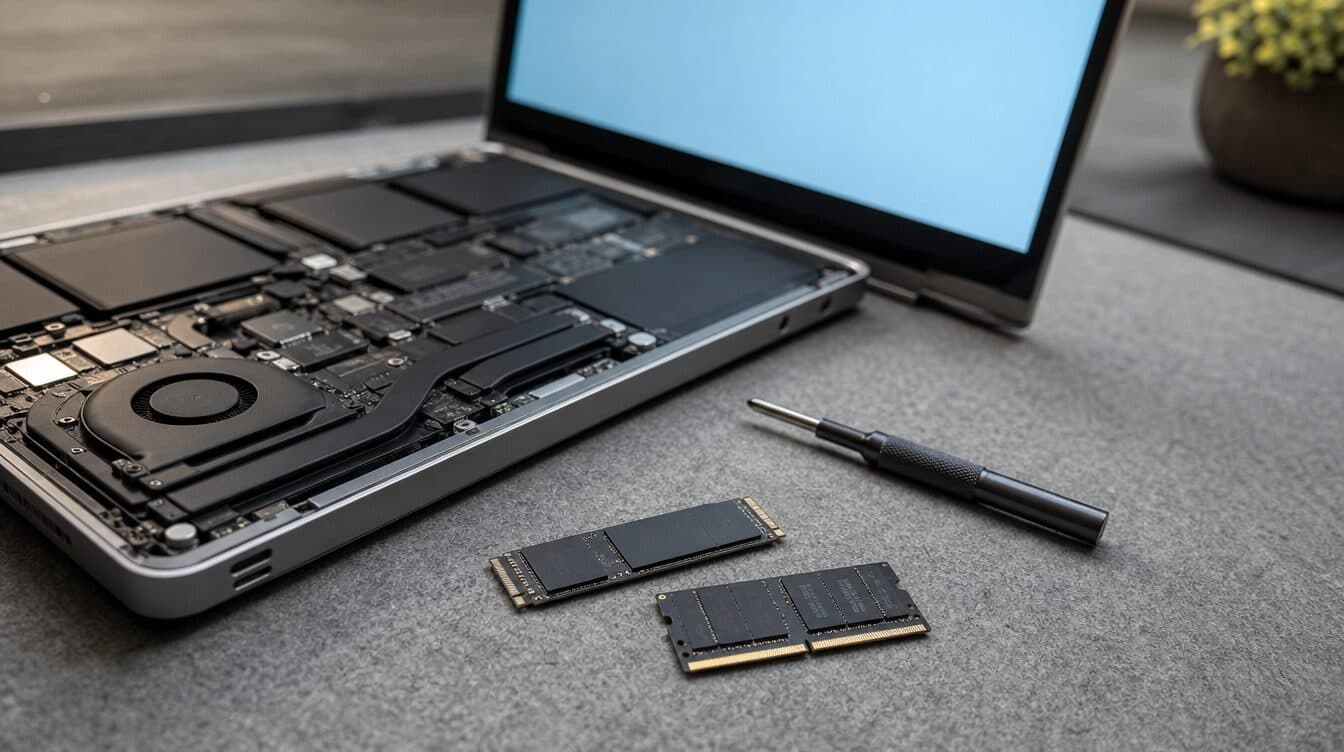 A close-up of an open laptop underside with a new SSD and a memory module on a desk mat
