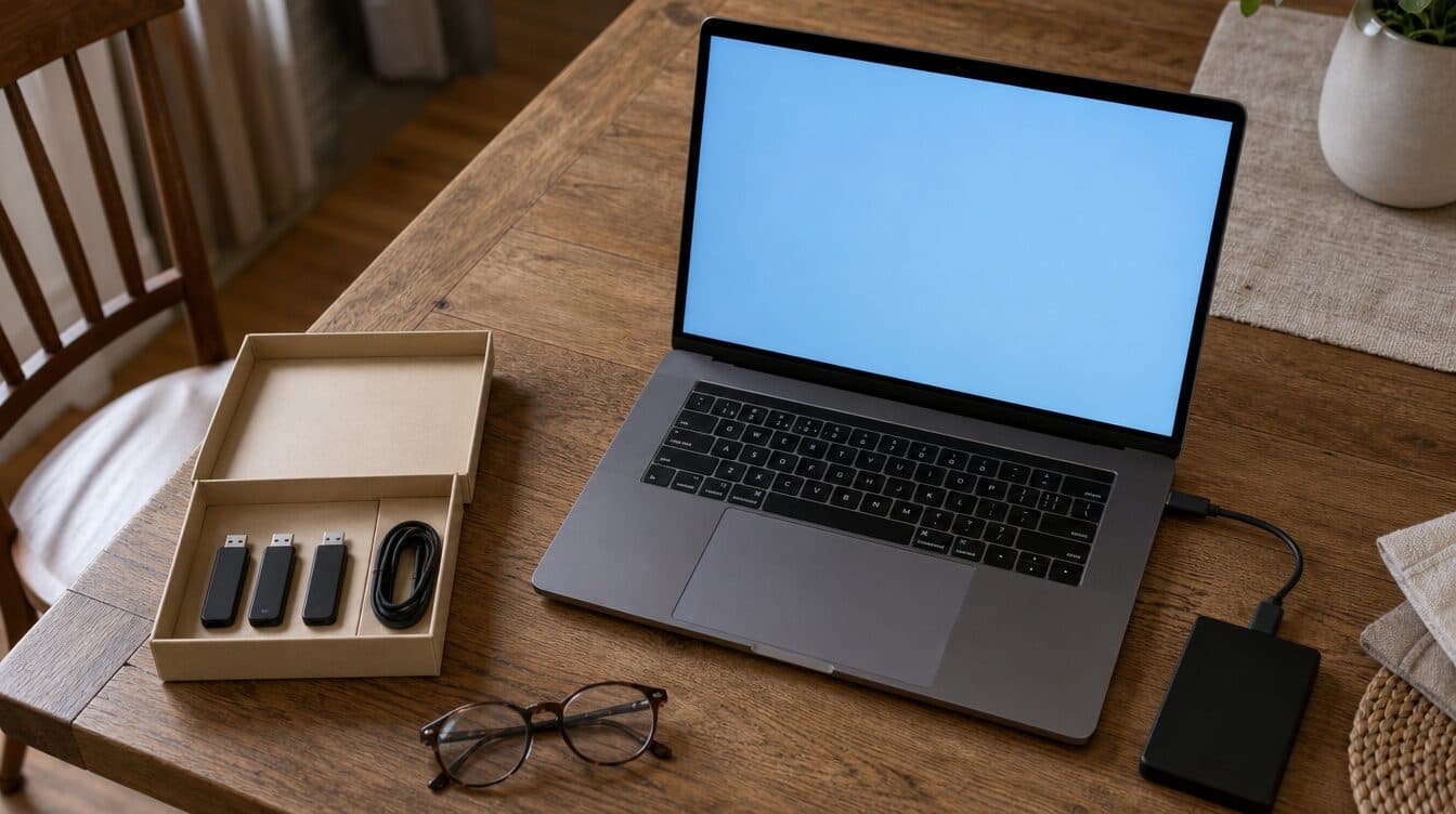 An external hard drive and a laptop on a dining table beside a small box of plain USB sticks