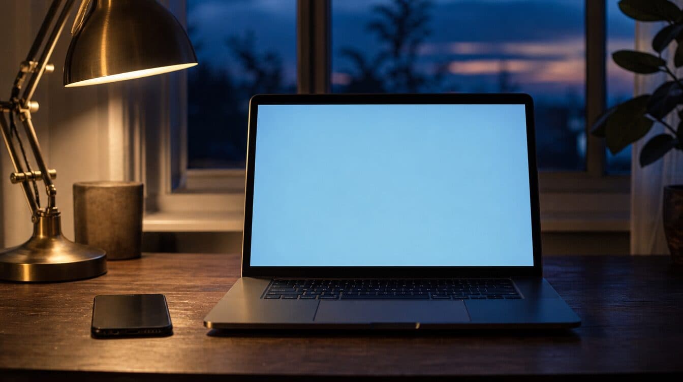 A laptop on a desk at dusk with a lamp on and a phone beside it