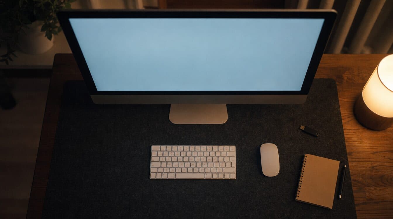 An all-in-one computer on a navy desk mat with a USB drive and a small notebook, under evening light