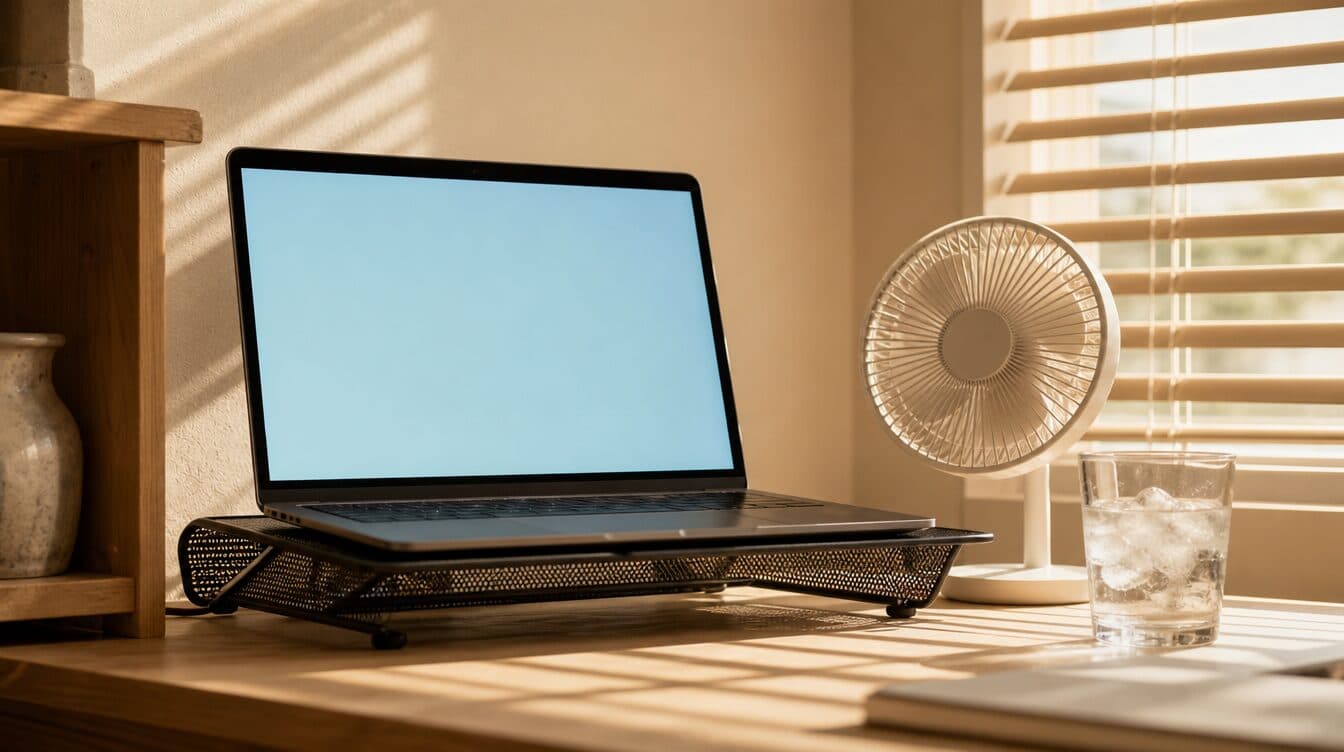 A laptop on a cooling stand beside a small desk fan with hot afternoon light through blinds