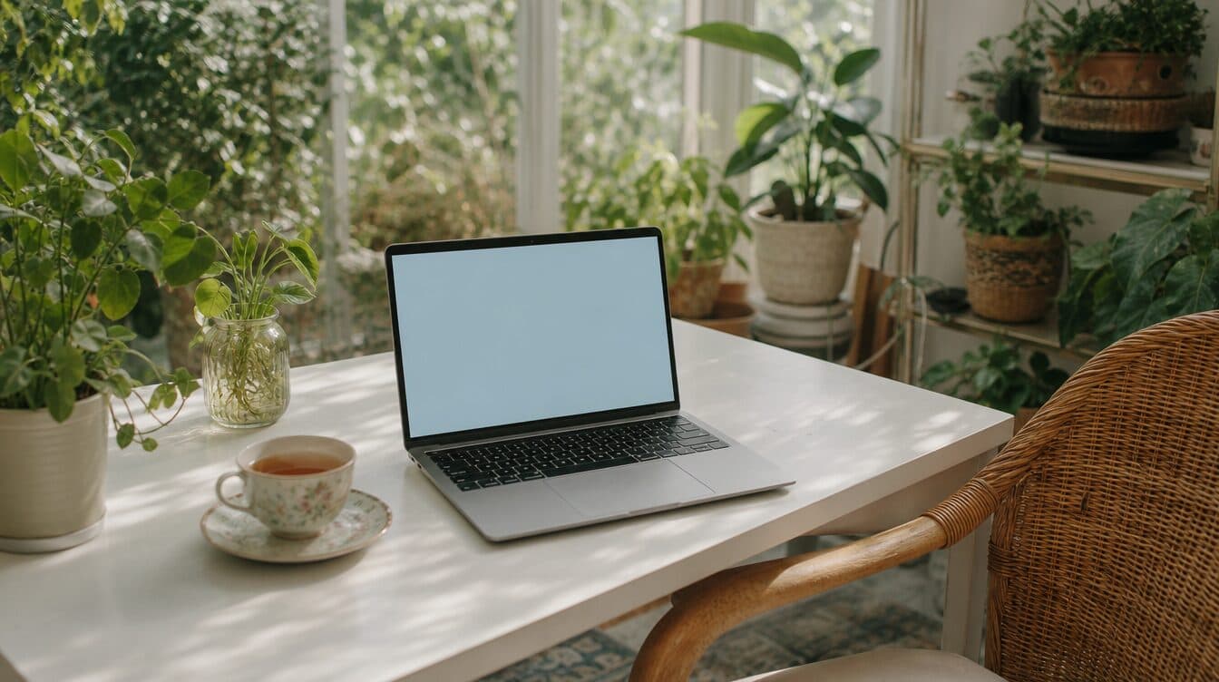 A laptop on a desk in a sunroom full of plants with a cup of tea beside it