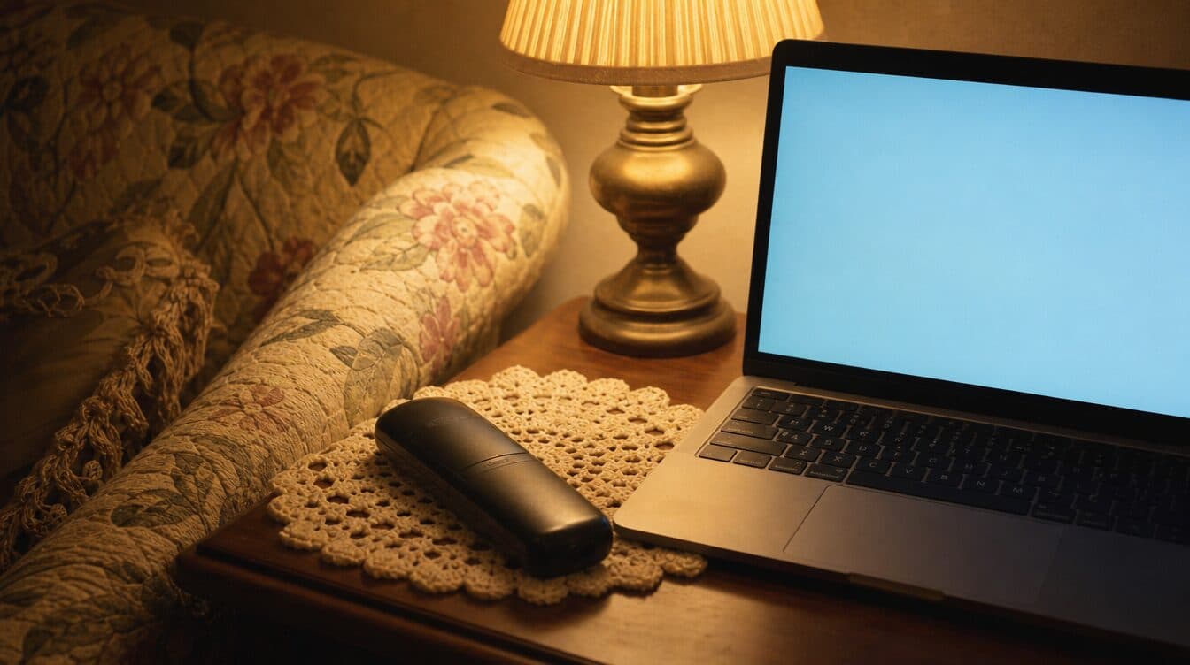 A cordless phone handset lying face down on a doily beside a laptop under a warm lamp