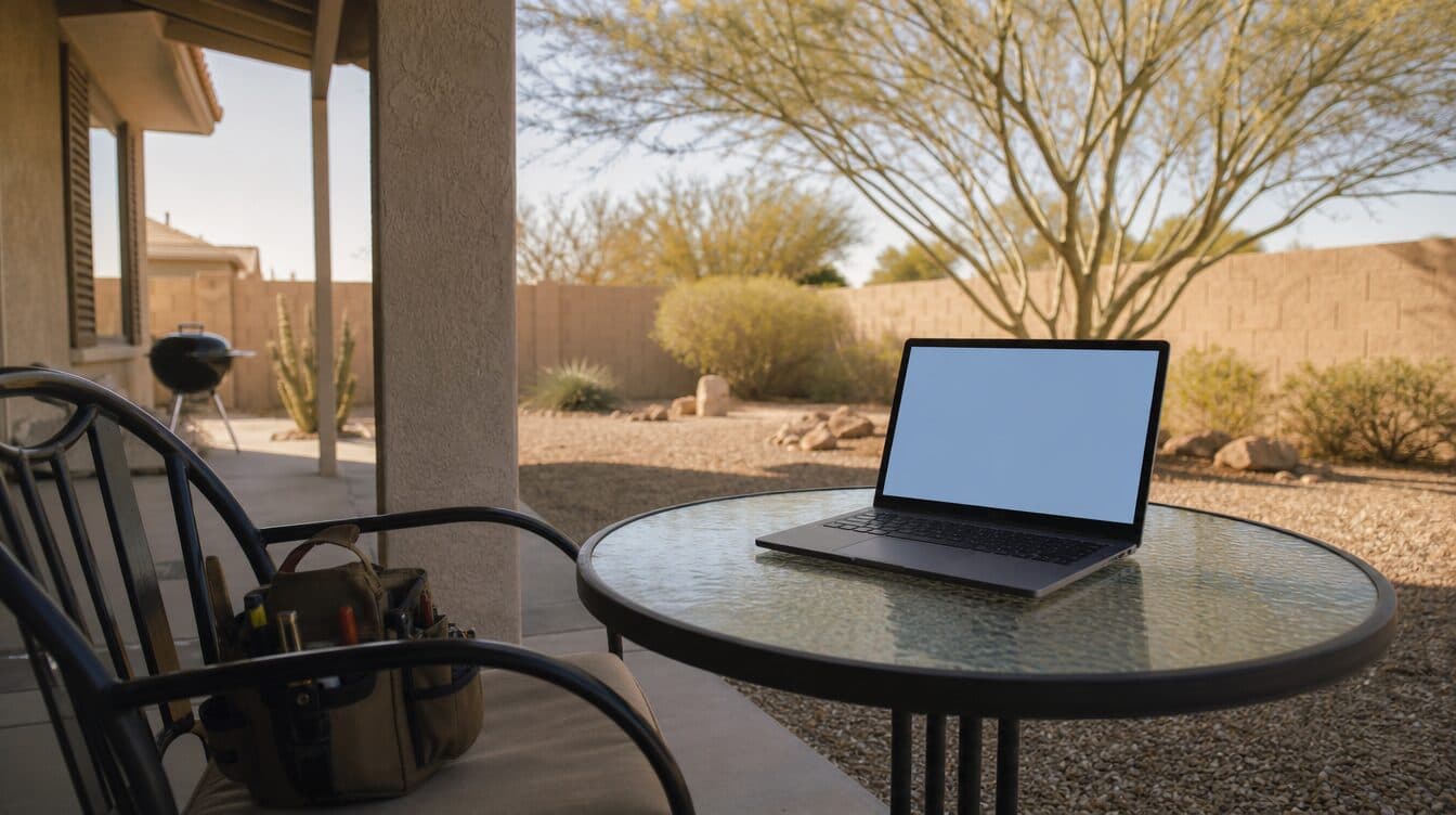 A laptop on a patio table under a covered patio with a desert backyard behind