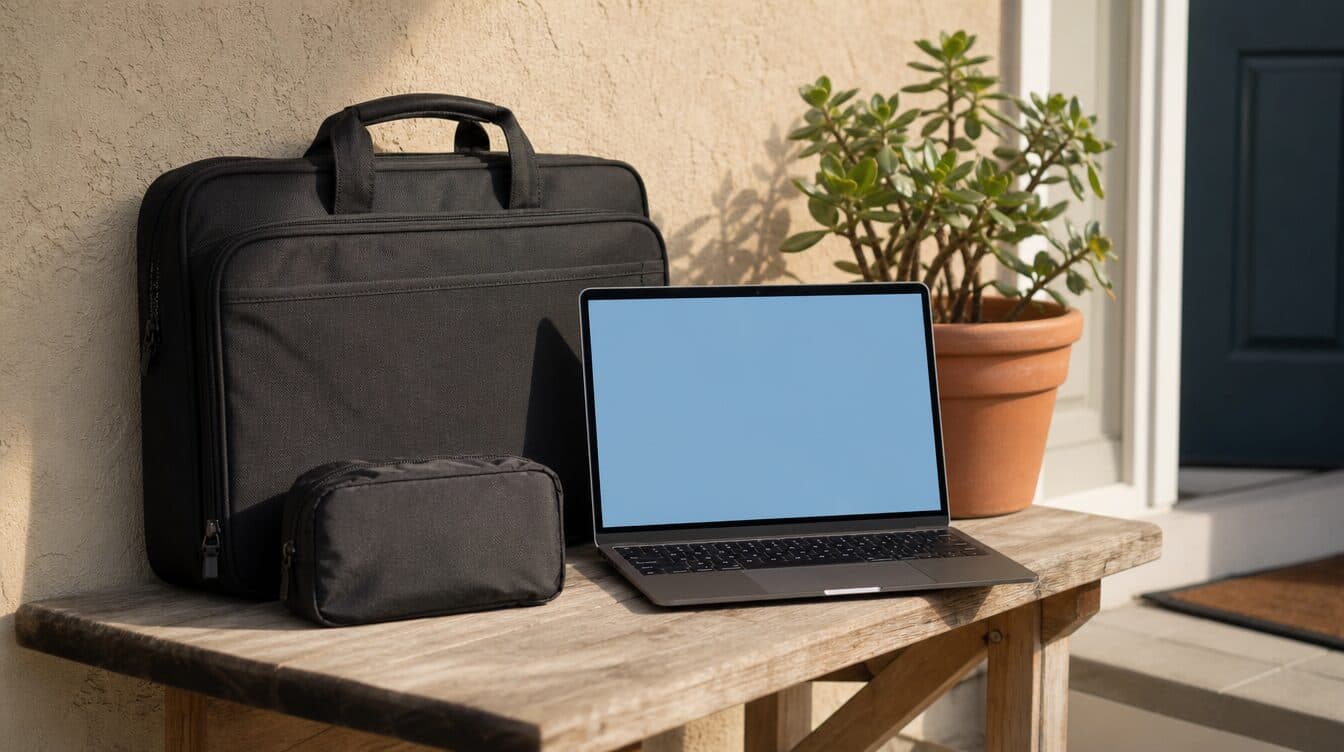 A laptop bag and a small tool pouch on a front-porch bench against a stucco wall