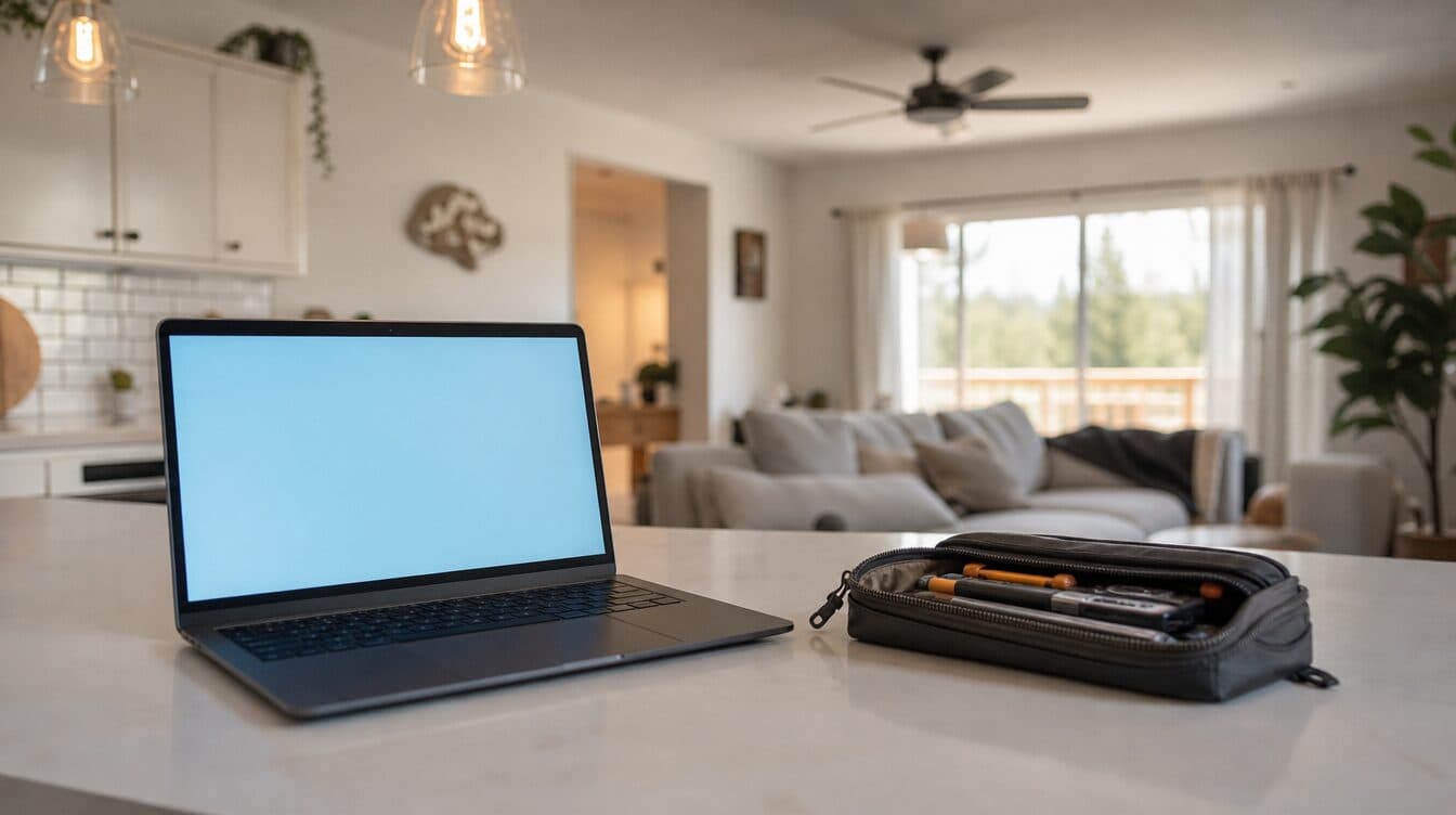 A laptop and a tool pouch on a kitchen island with an open-plan living room behind