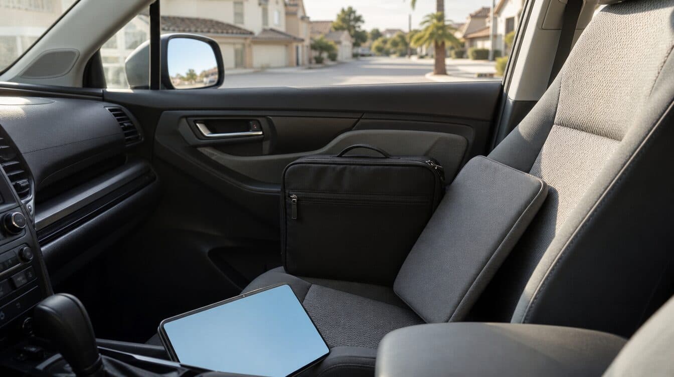 A zipped tool bag and a laptop sleeve on a car passenger seat with a suburban street outside the window