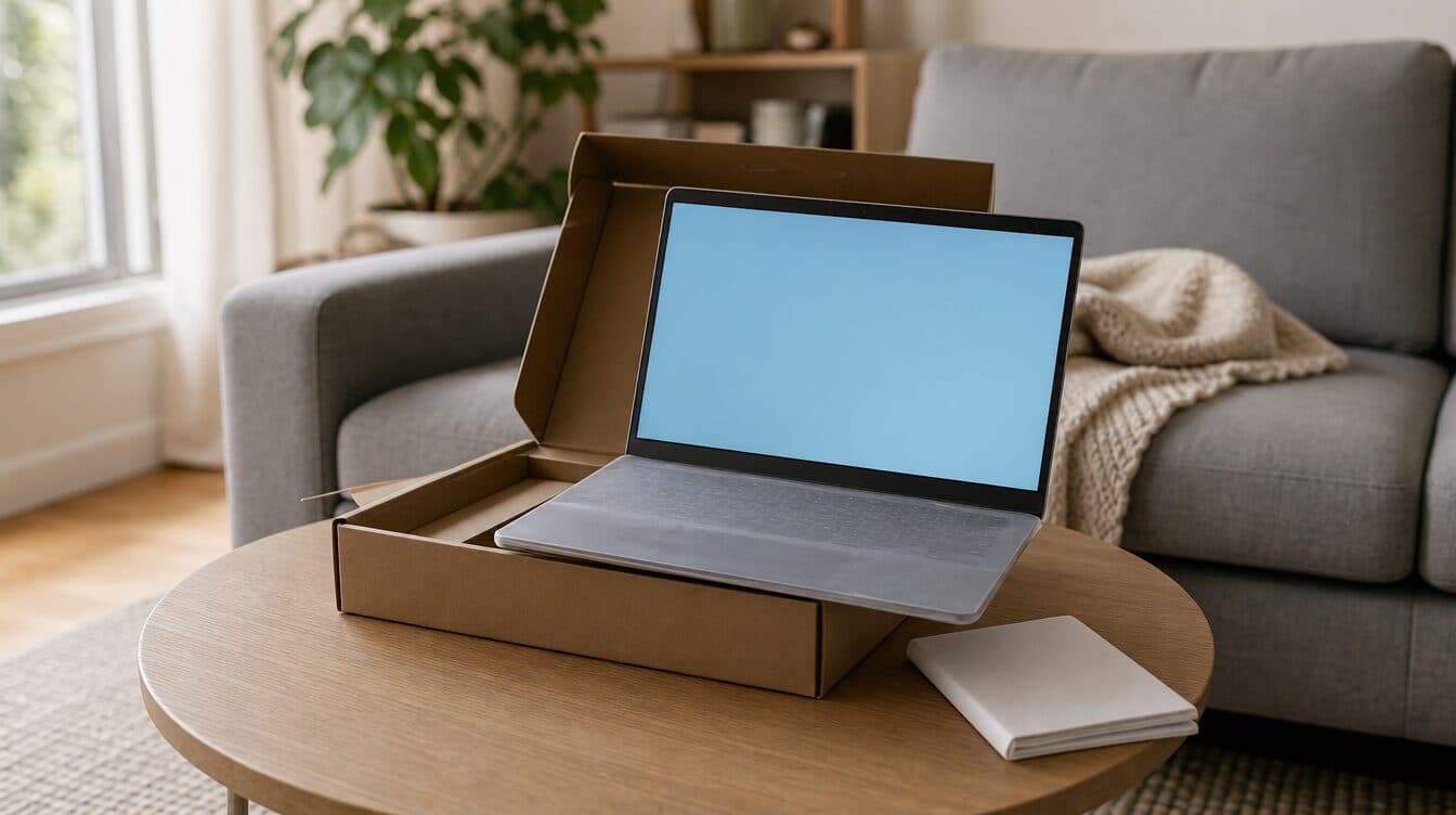 A laptop half lifted out of its open box on a living-room coffee table with a sofa behind