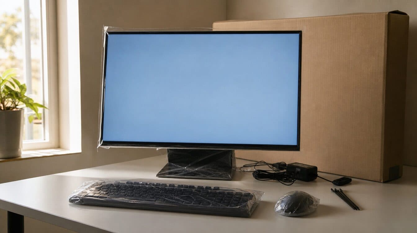 A monitor, keyboard and mouse still in protective film on a desk with a box in the corner