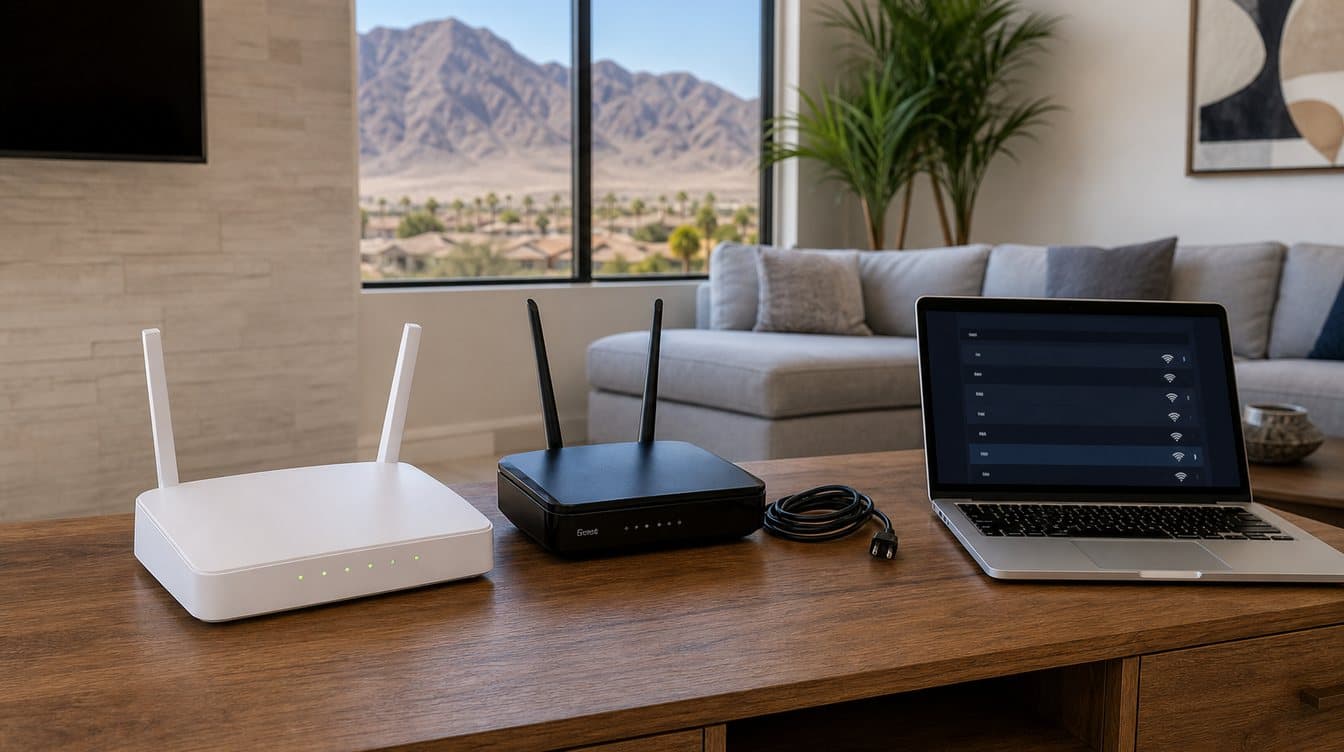 A new white WiFi router beside an unplugged older router and a laptop showing a WiFi network list, in a living room with a desert view