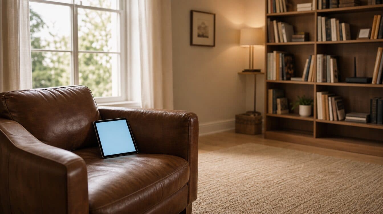 An armchair with a tablet in a reading corner far from a router on a distant bookshelf