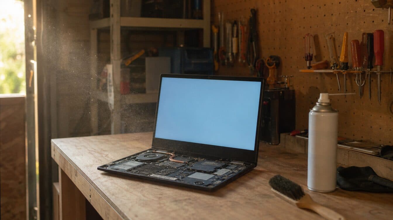 A laptop on a garage workbench with a can of compressed air and a brush in a shaft of dusty light