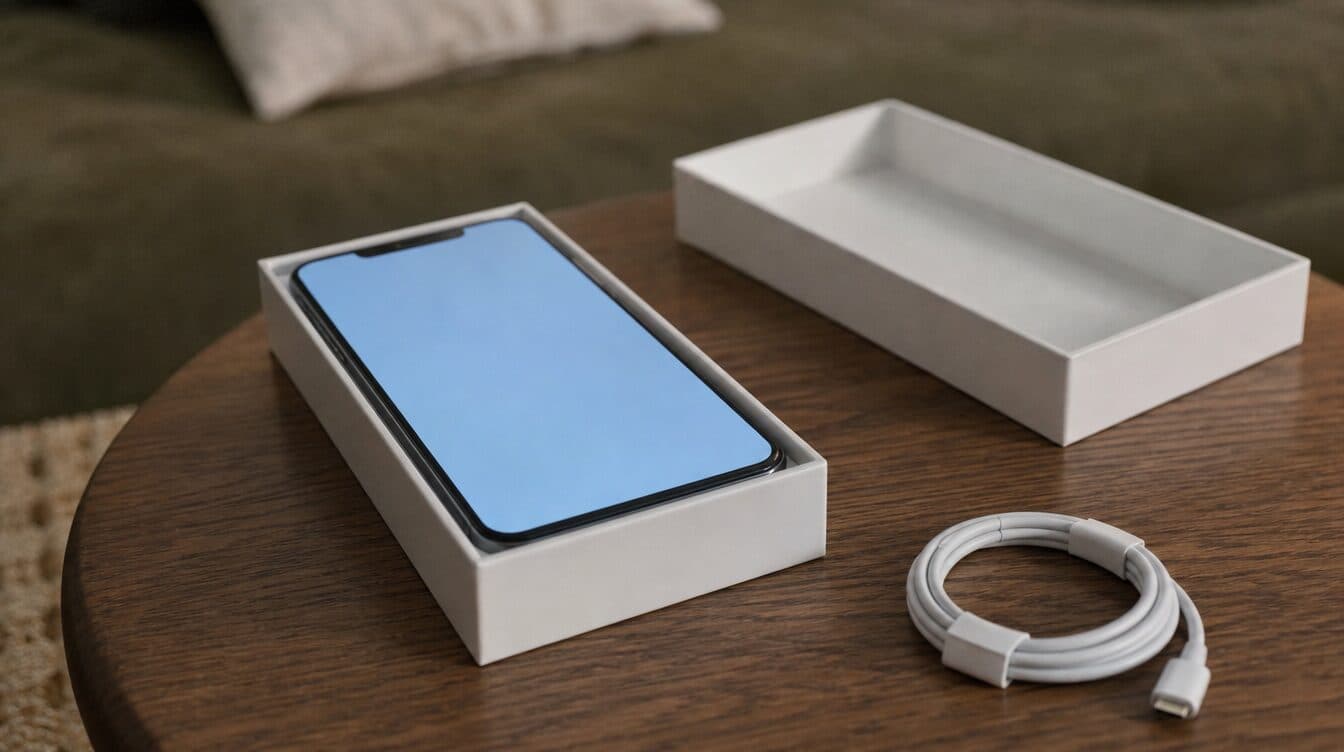 A new smartphone in its open box on a coffee table with a charging cable beside it