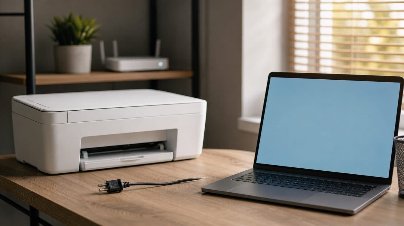 A printer on a desk with its power cable unplugged and a router blurred in the background
