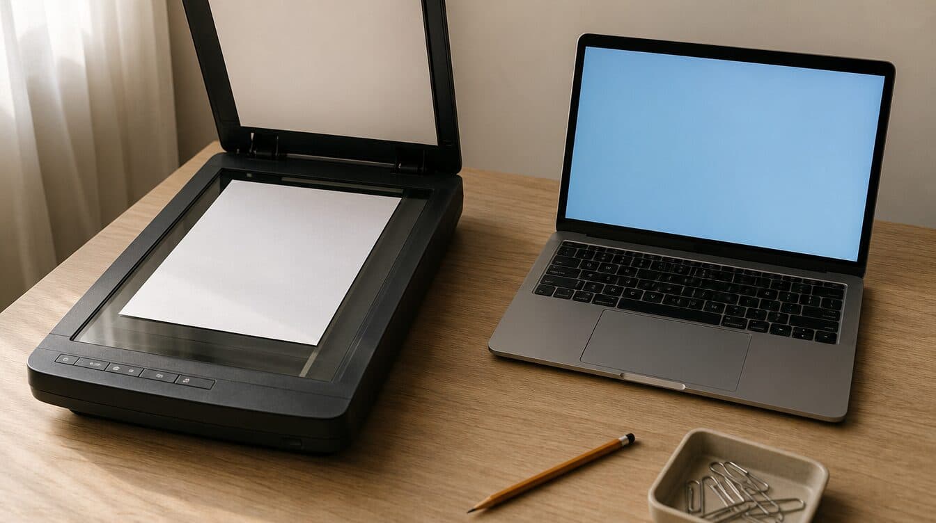 A flatbed scanner with its lid open and a blank sheet on the glass, a laptop beside it on a home-office desk