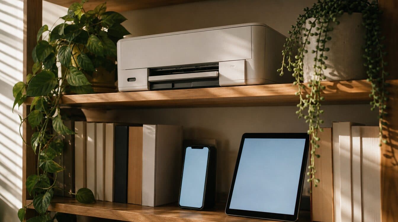 A compact printer on a bookshelf beside plants, with a phone and a tablet leaning against the books