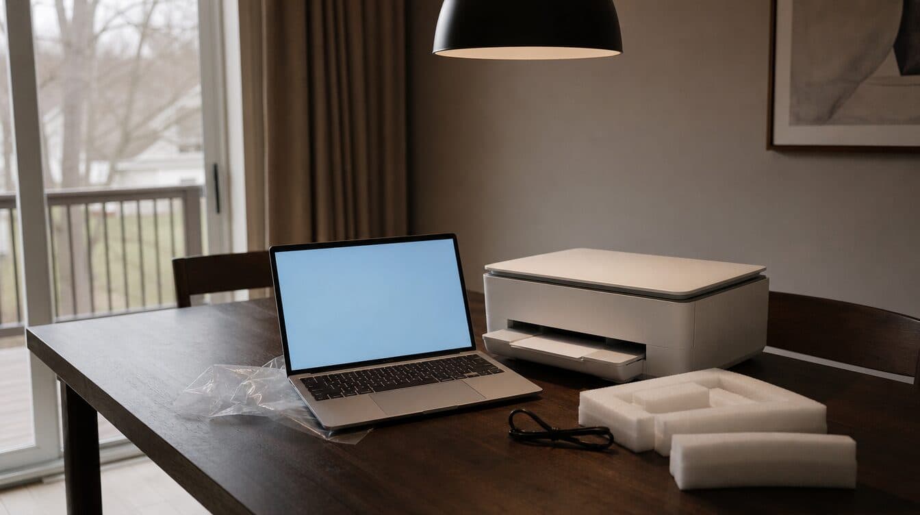 A brand-new thin laptop and a wireless printer on a dining table with packaging foam beside them