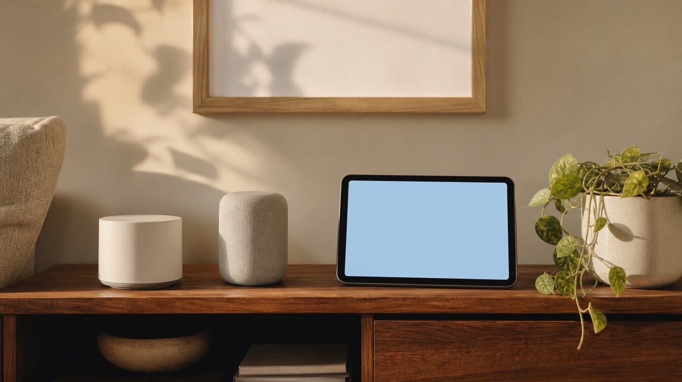 A mesh WiFi node, a smart speaker and a tablet on a living-room shelf
