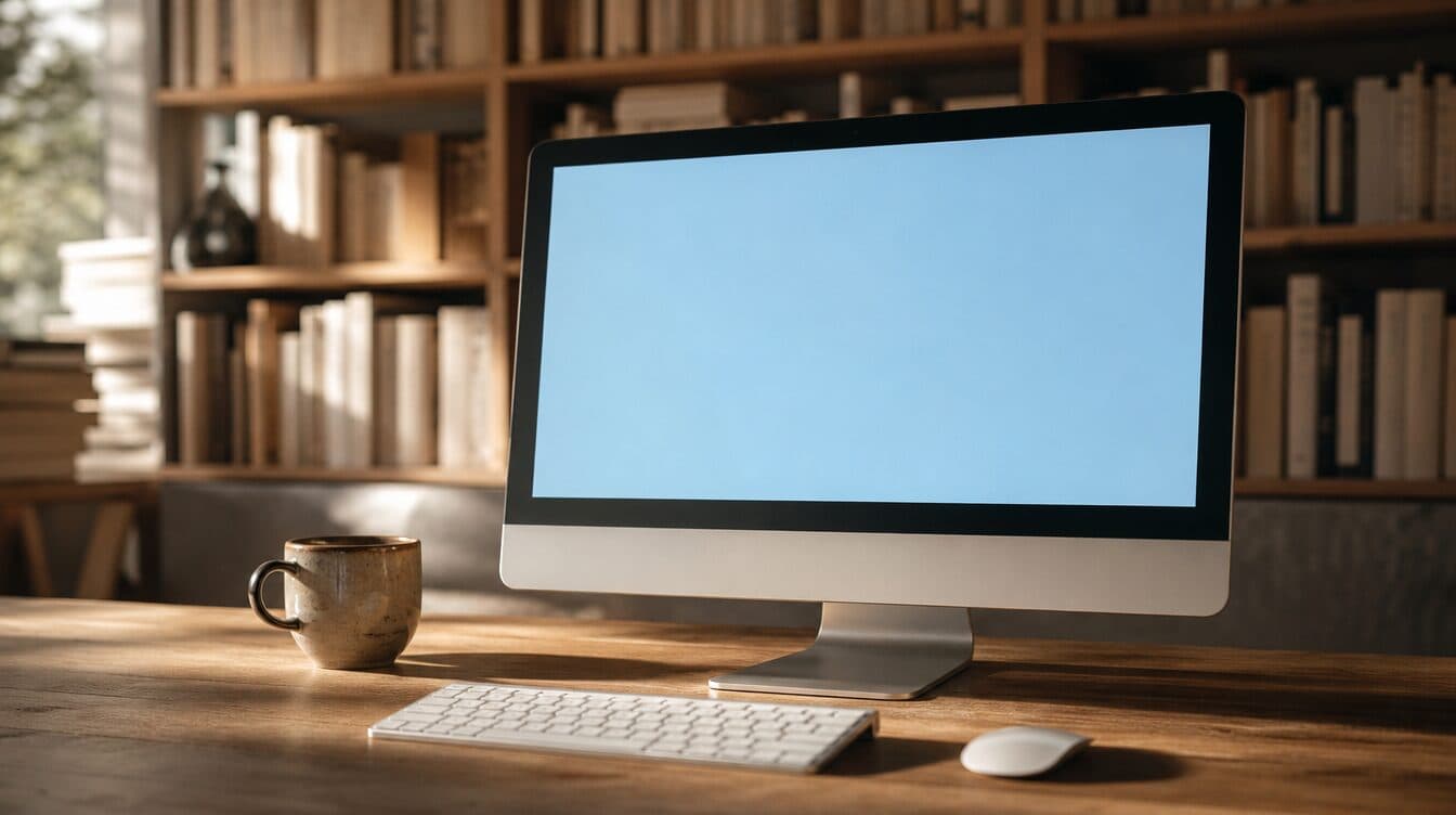 An all-in-one desktop computer on a study desk with a keyboard and a mug