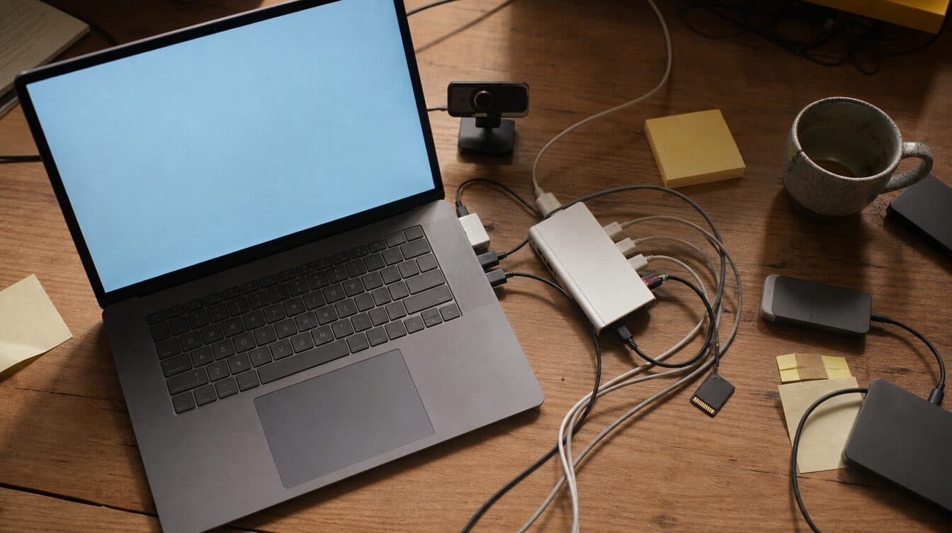 A laptop crowded with a USB hub, cables and gadgets on a cluttered desk, seen from above