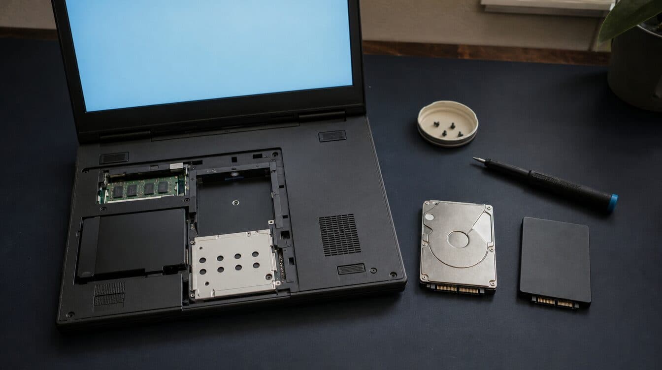 An older thick laptop beside a removed hard drive and a new SSD on a desk