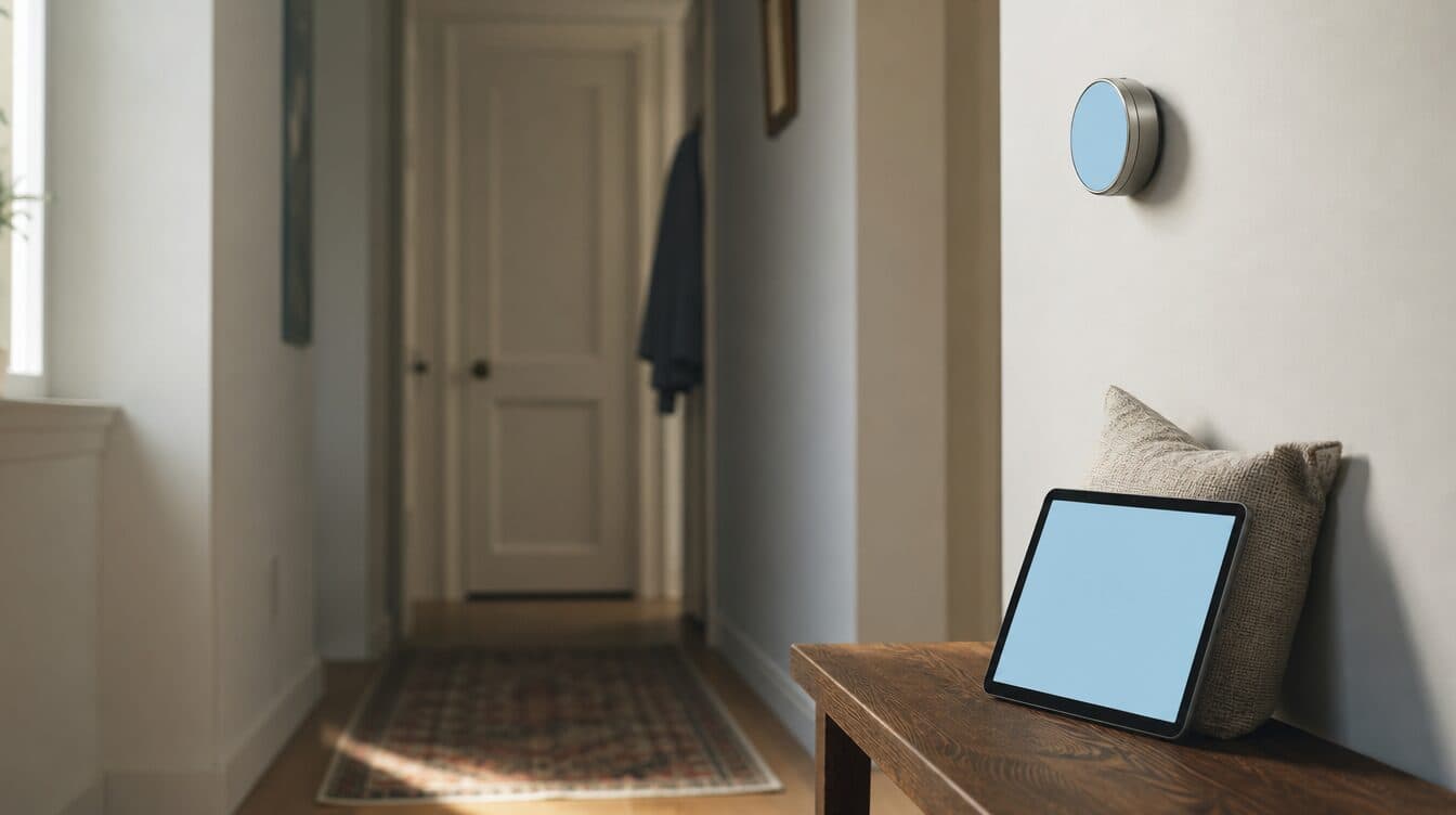A round smart thermostat on a hallway wall with a tablet on the bench below