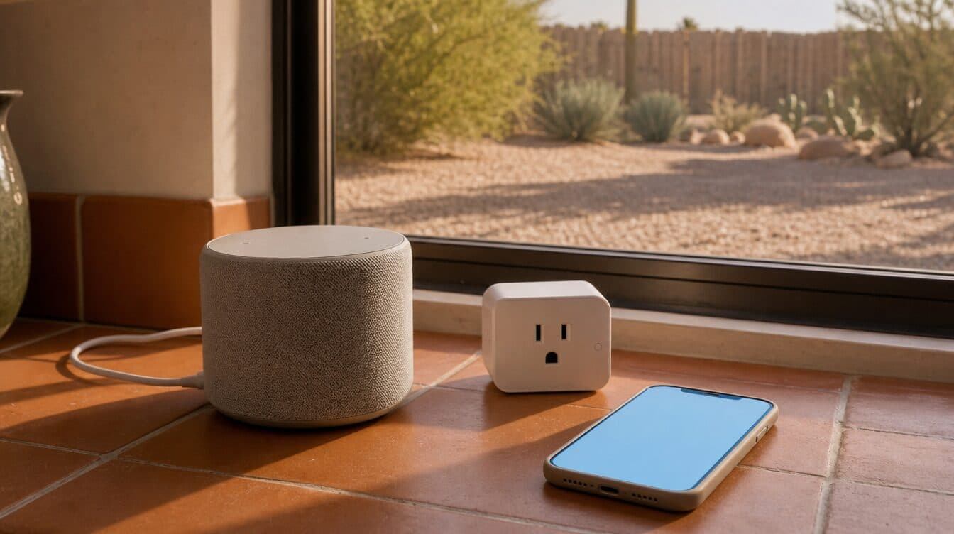 A smart speaker and a smart plug on a kitchen counter beside a phone, with a desert yard through the window