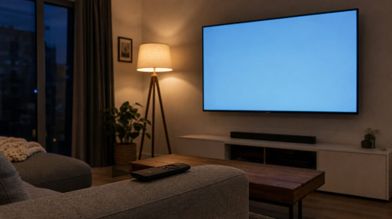 A wall-mounted television showing a plain pale-blue screen with a remote on the sofa arm in a lamp-lit living room