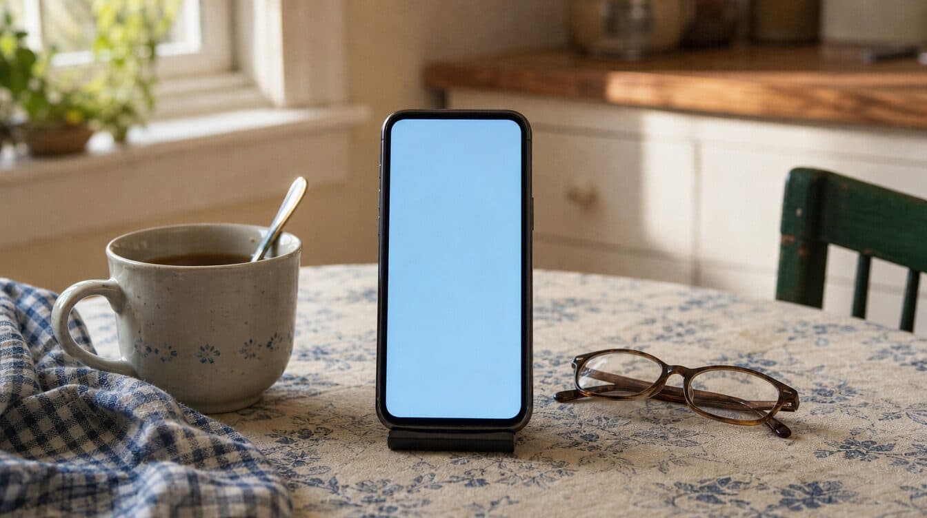 A smartphone propped on a stand on a kitchen table beside reading glasses and a cup of tea