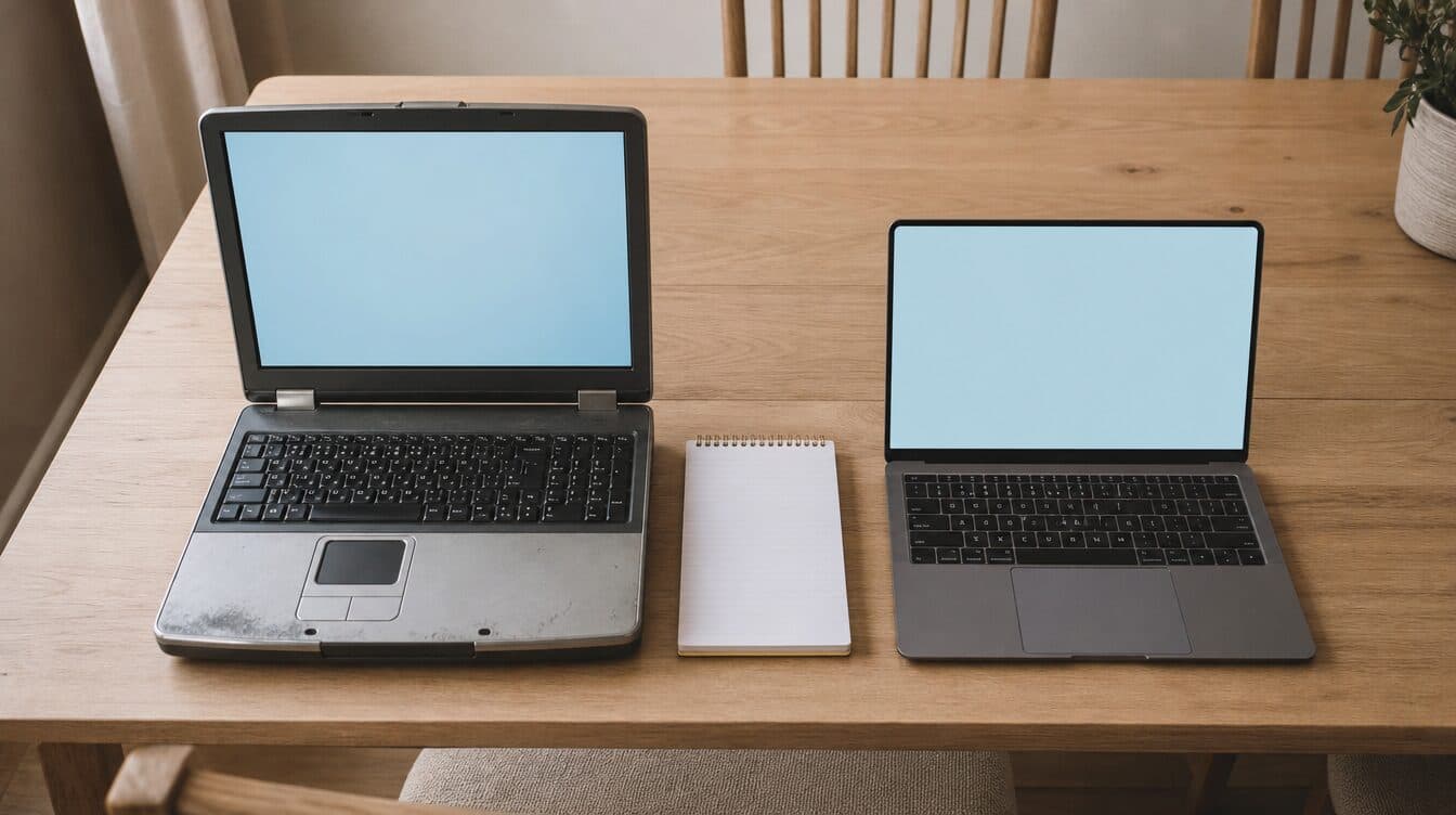 An older laptop and a new laptop side by side on a dining table, seen from above