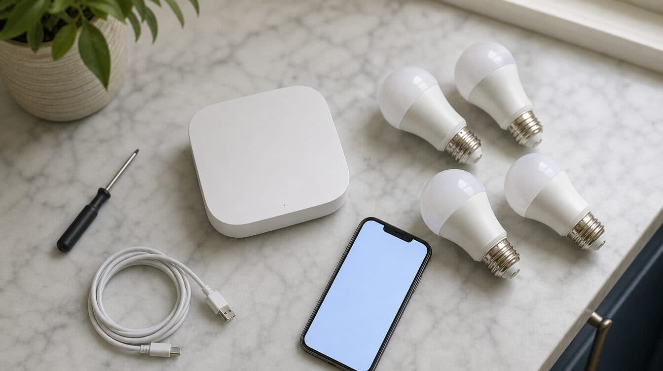 A smart hub and several smart bulbs on a kitchen counter beside a phone, seen from above