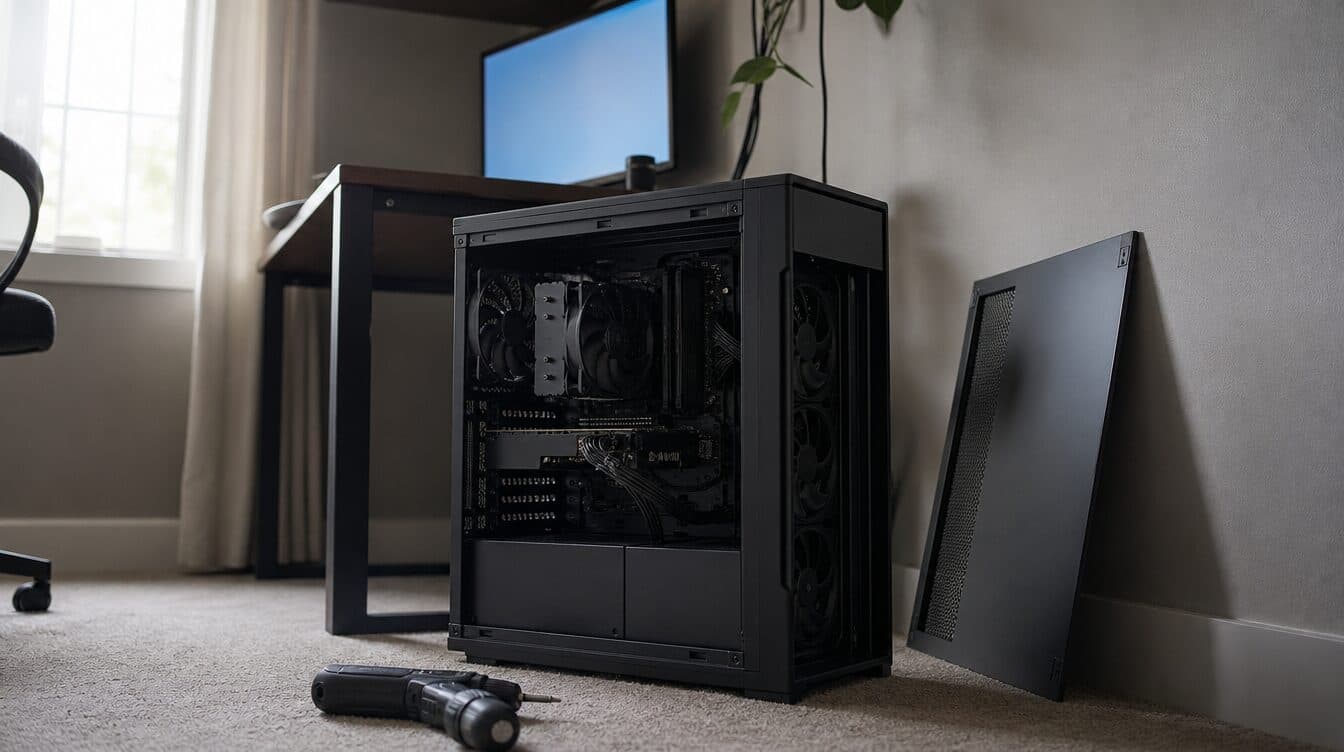 A desktop PC tower under a desk with its side panel off and a clean interior visible