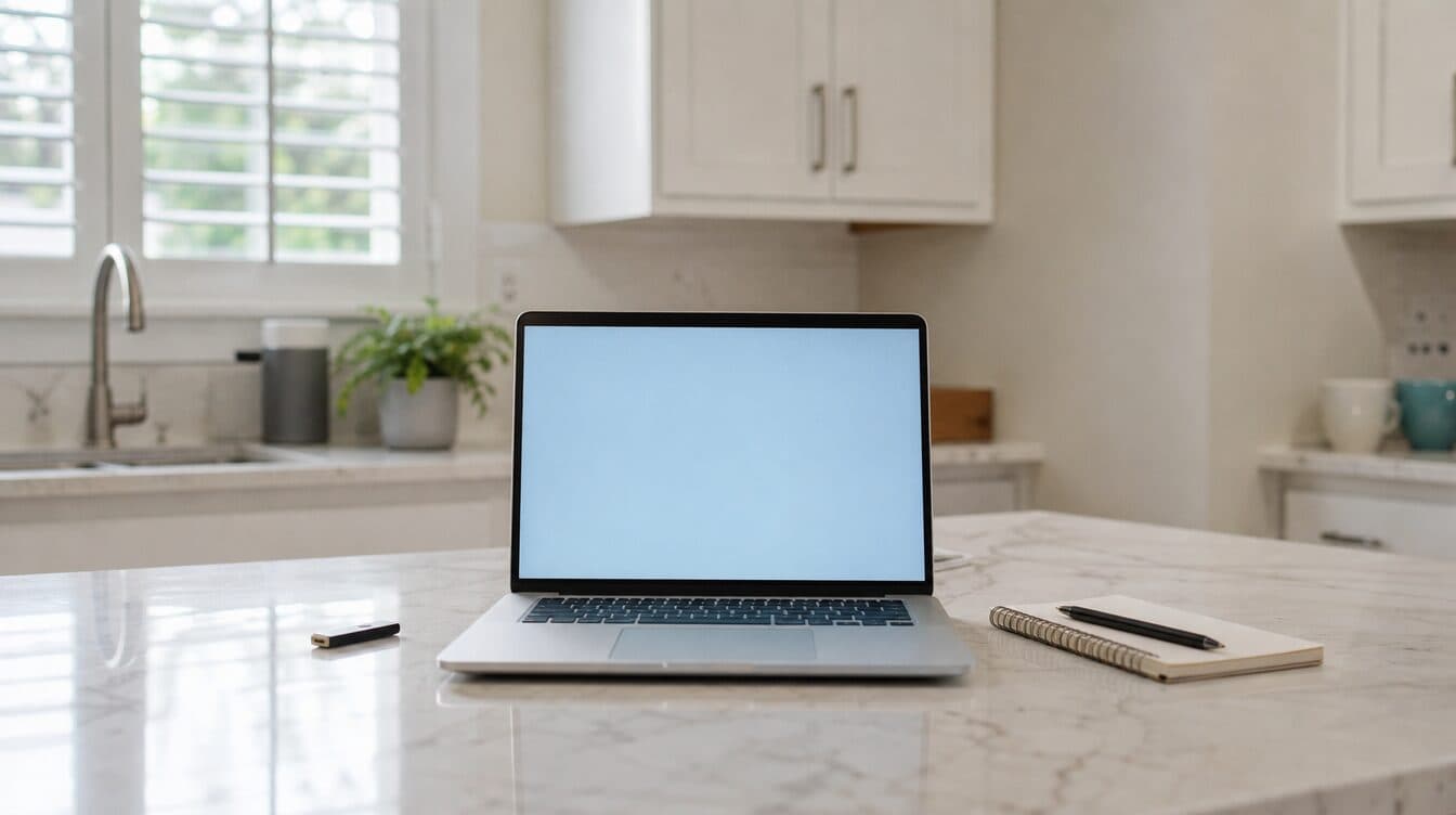 A laptop on a kitchen counter with a USB stick and a notepad beside it