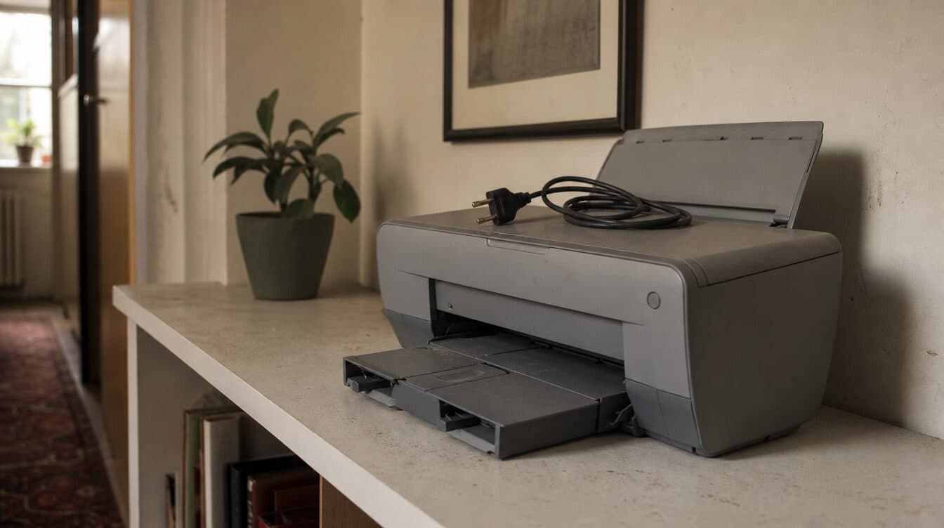 A printer on a shelf with its power cable unplugged and coiled and an empty paper tray