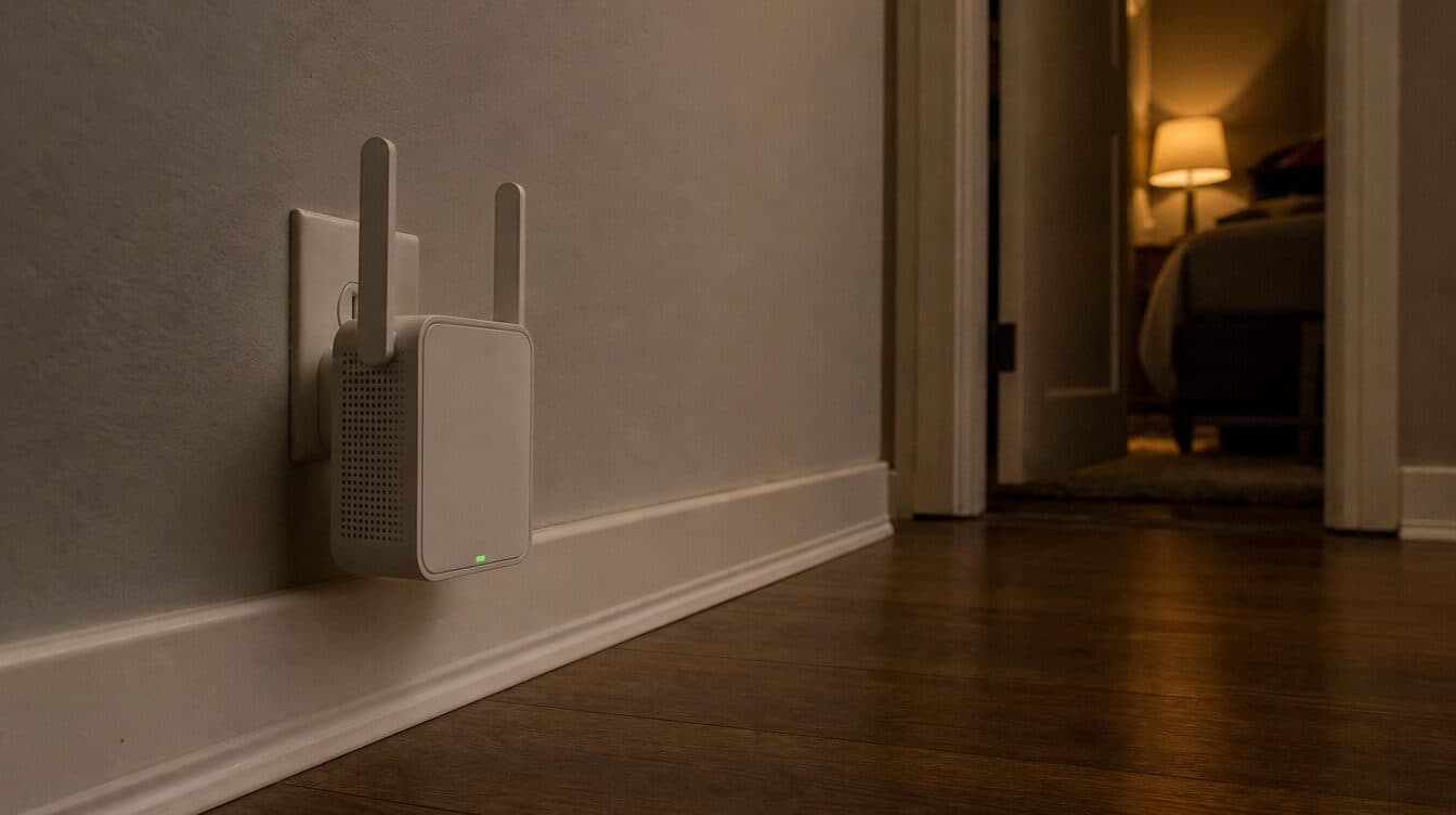 A WiFi range extender plugged into a hallway outlet beside a doorway