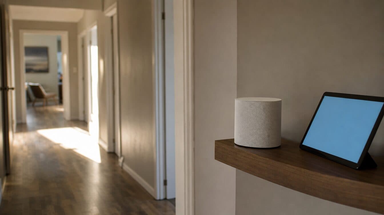A mesh WiFi node on a hallway shelf with a long hallway and open doorways behind it