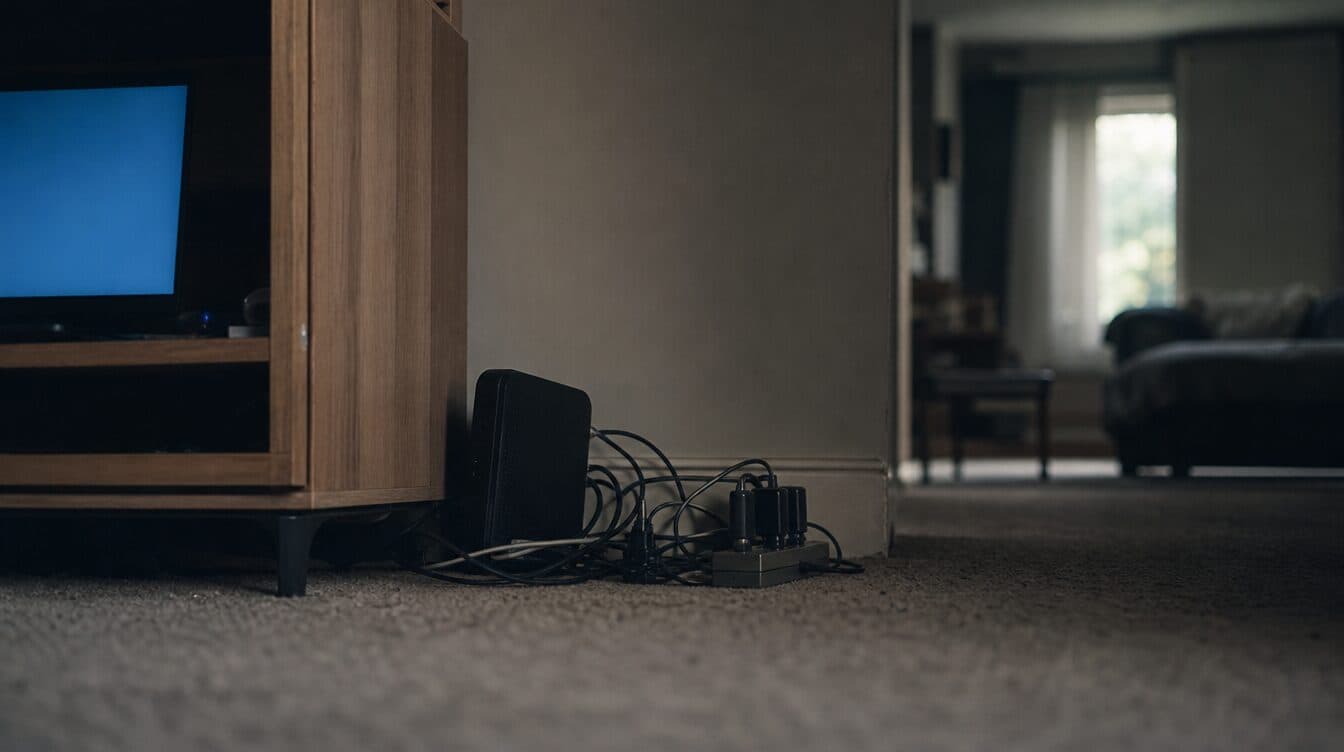 A router tucked on the floor behind a TV cabinet among cables