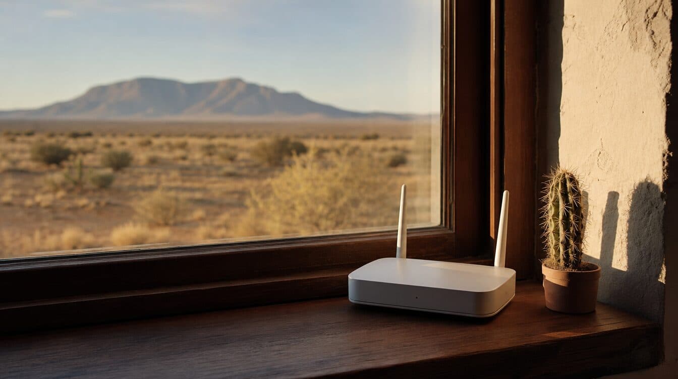 A router on a windowsill with open desert and a distant mountain outside