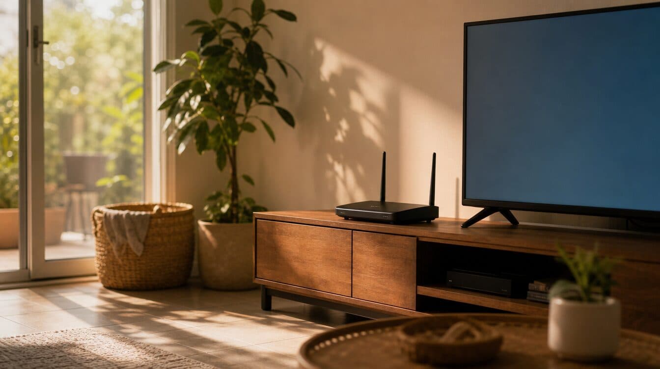 A router on a living-room TV console with afternoon sun coming through patio doors