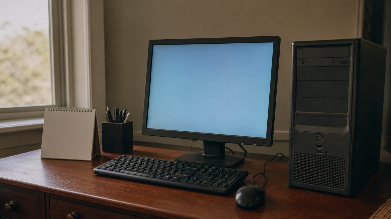An older black desktop tower and a thick-bezel monitor on a home desk in morning light