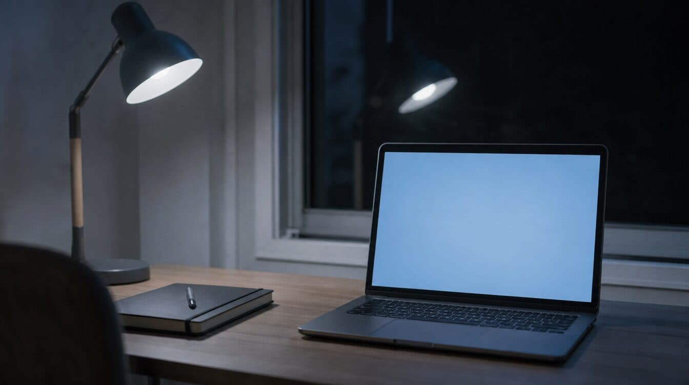 A laptop on a desk at night under a lamp with a notebook beside it