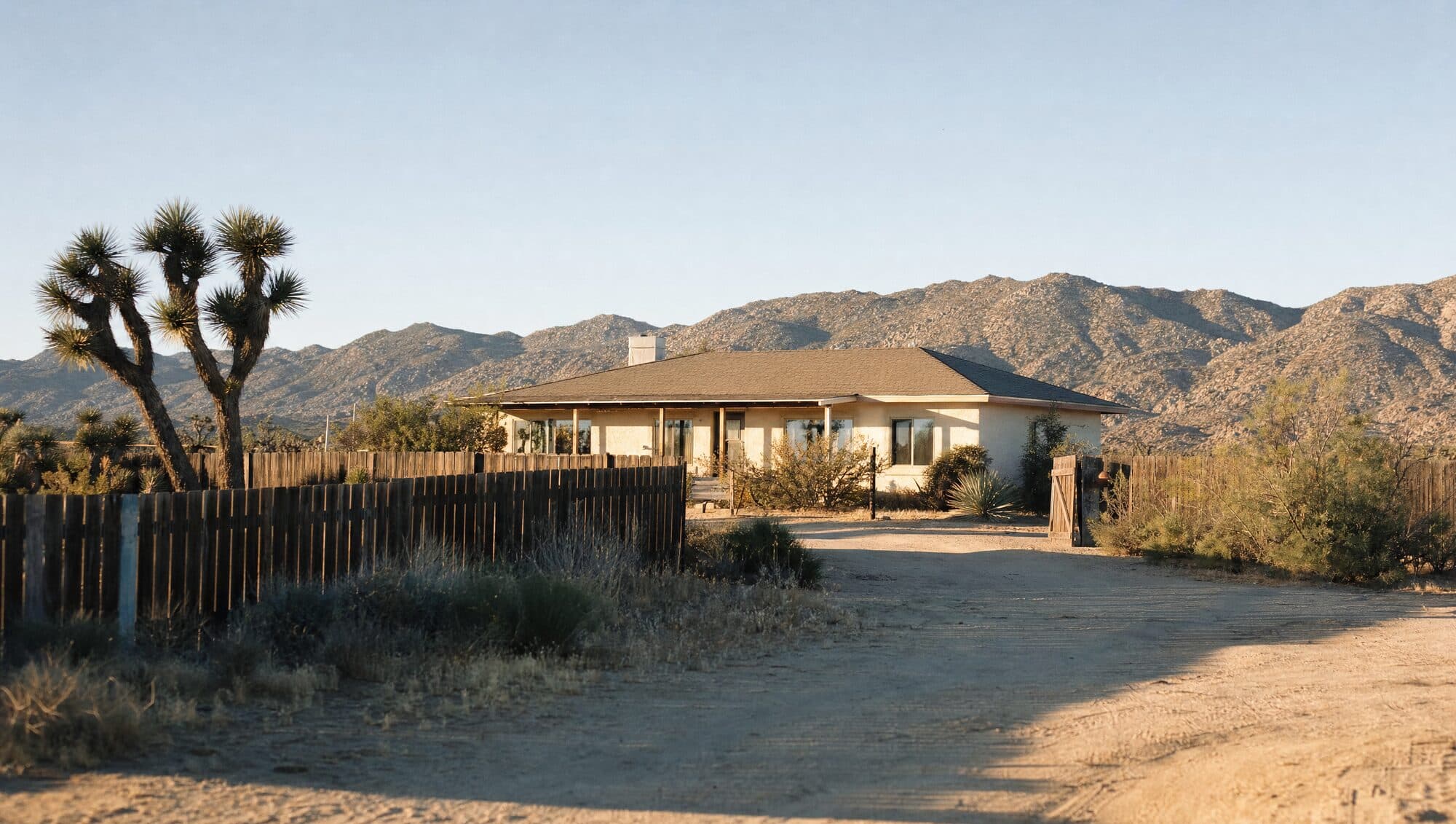 A gravel track through open desert toward a distant home and mountains