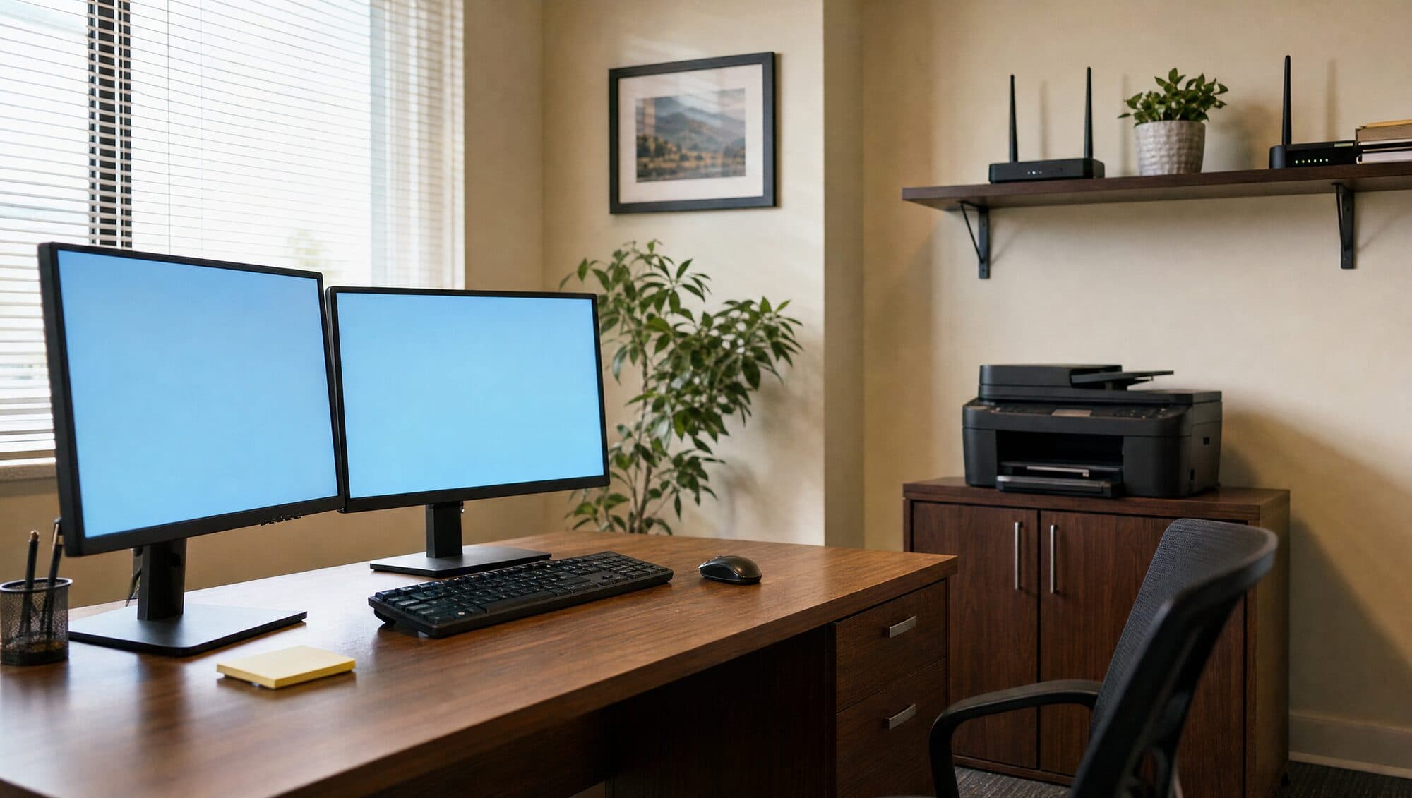 A small office with two monitors on a desk, a printer and a router on a shelf