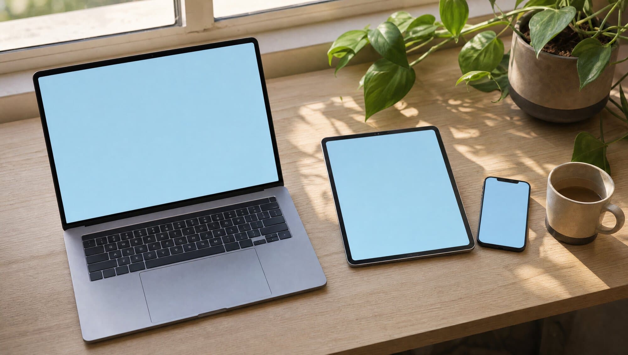 A laptop, tablet and phone on a sunny desk