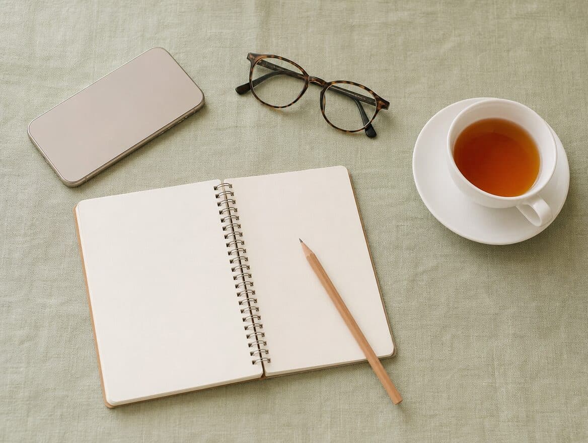 An open blank notebook with a pencil, reading glasses, a phone face down and a cup of tea on a linen cloth, seen from above